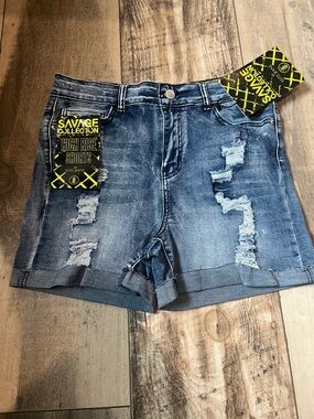 Savage Collection High-Rise Distressed Denim Shorts - Blue
